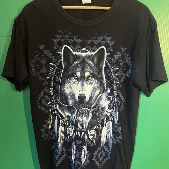 Wolf Dreamcatcher Graphic T-Shirt Black L | Fruit of the Loom HD Cotton | Tribal - Picture 1 of 5
